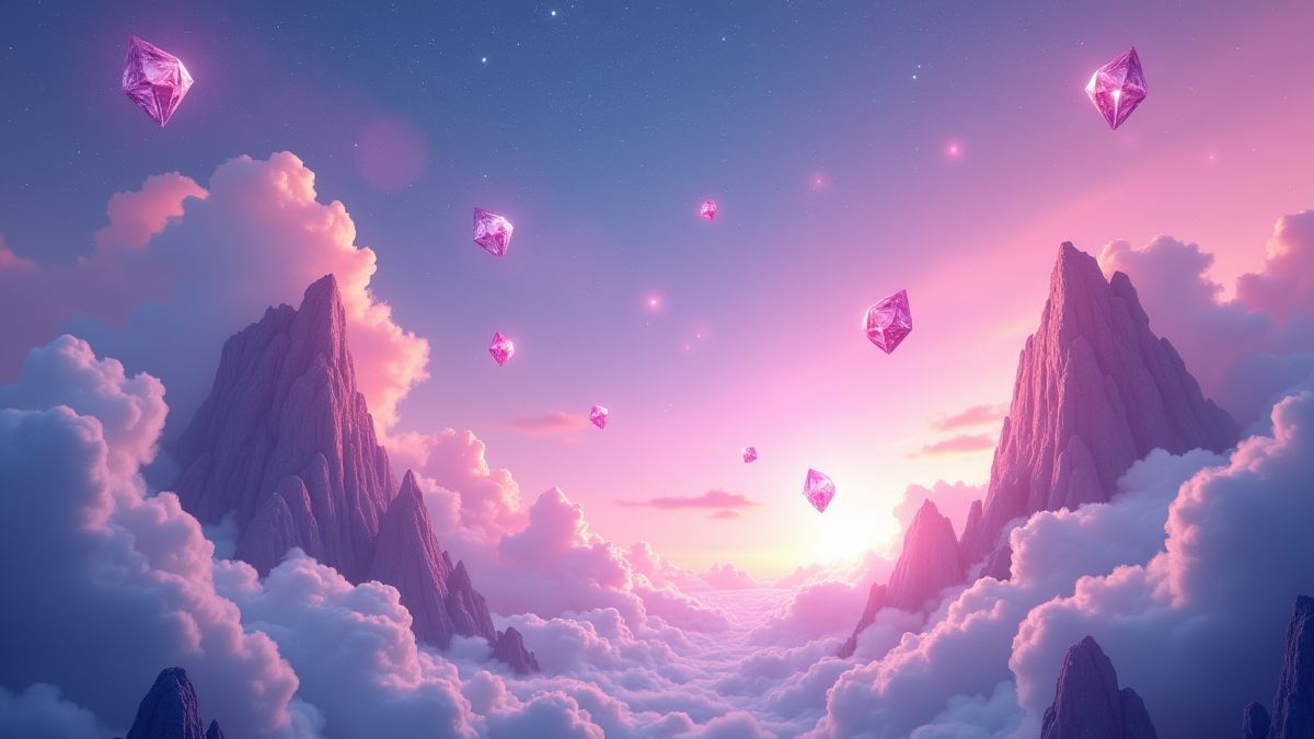 Magical sky with floating gems and rocks.