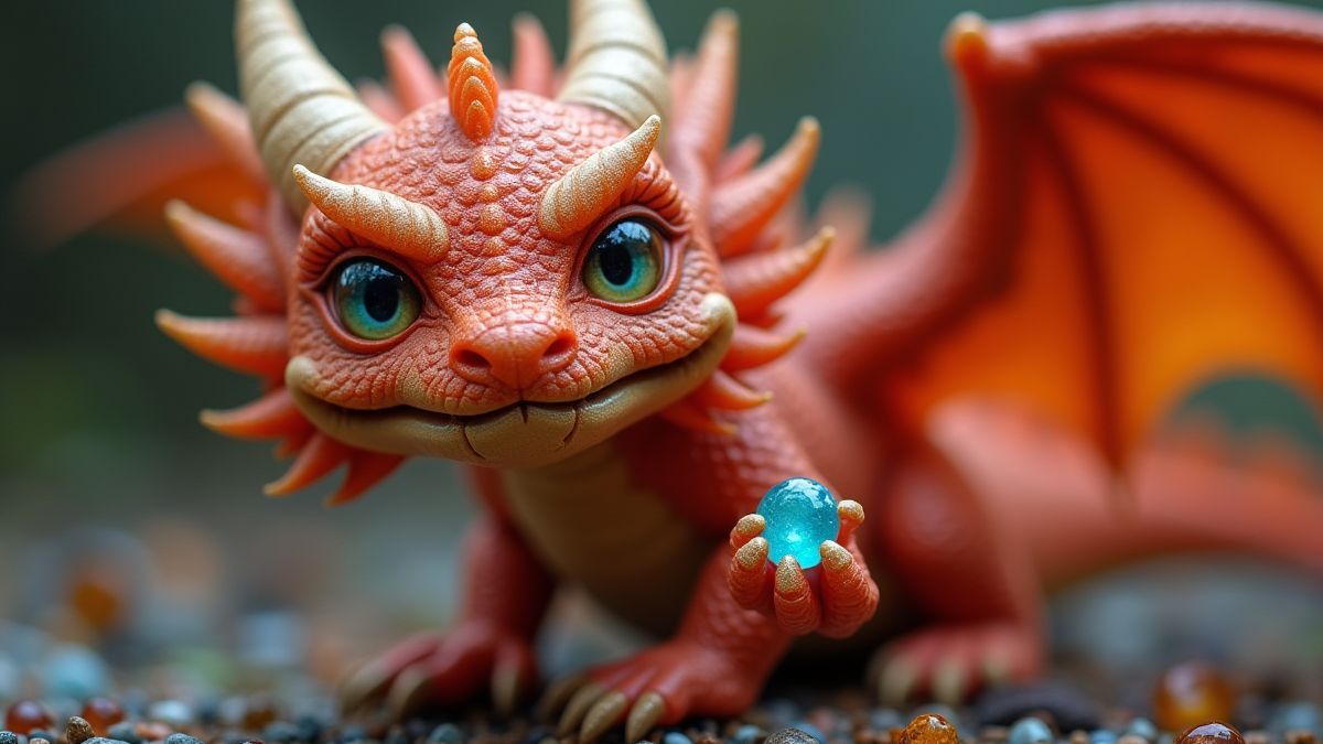 Colorful dragon holding gems in its claws.