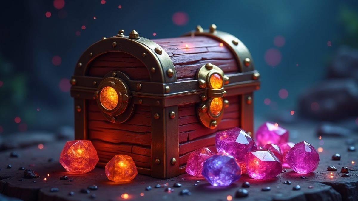 Treasure chest surrounded by glowing gems.