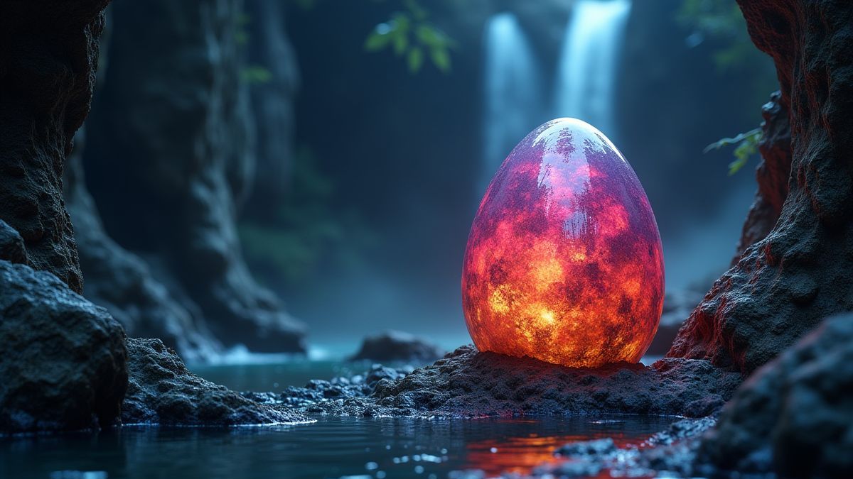 A glowing dragon egg in a magical cave with waterfalls.
