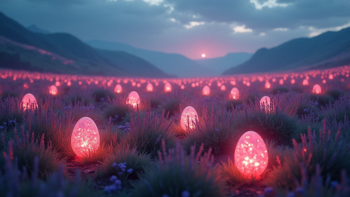 Mystical landscape with glowing dragon eggs in a vibrant field.