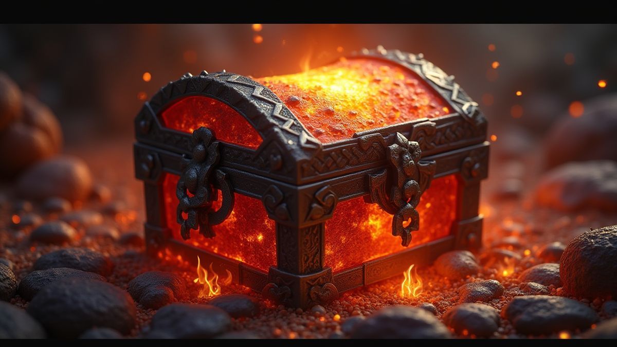 Ein leuchtender Schatzkasten, umgeben von Drachenschuppen und Feuer.