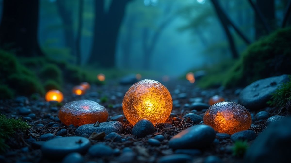 Enchanted stones glowing in a mystical forest.
