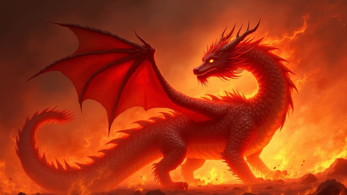 A red dragon surrounded by glowing embers.
