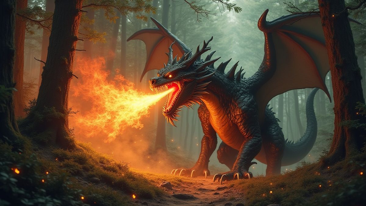 Un dragón escupe fuego en un bosque mágico con runas brillantes.