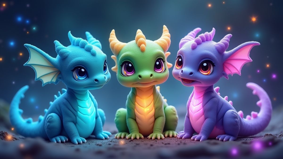 Tres dragones bebés en colores brillantes rodeados de efectos mágicos.