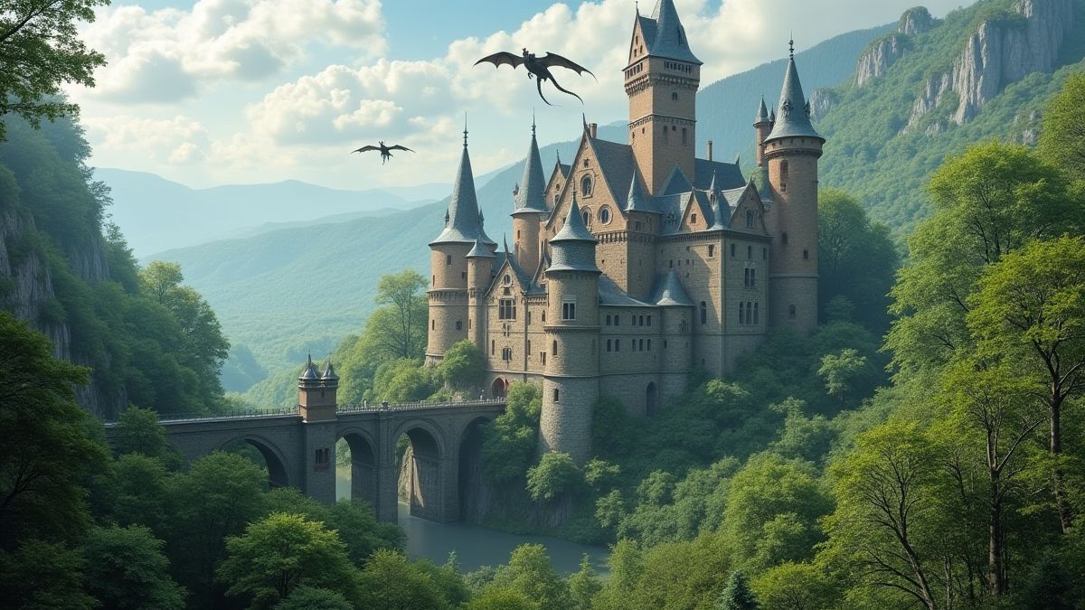 Um castelo medieval rodeado de vegetação com um dragão voando sobre ele.
