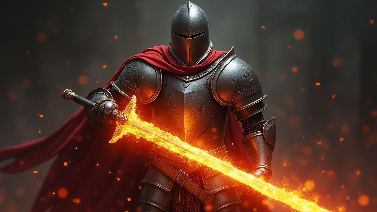 Um cavaleiro segurando uma espada brilhante cercado por faíscas de fogo.