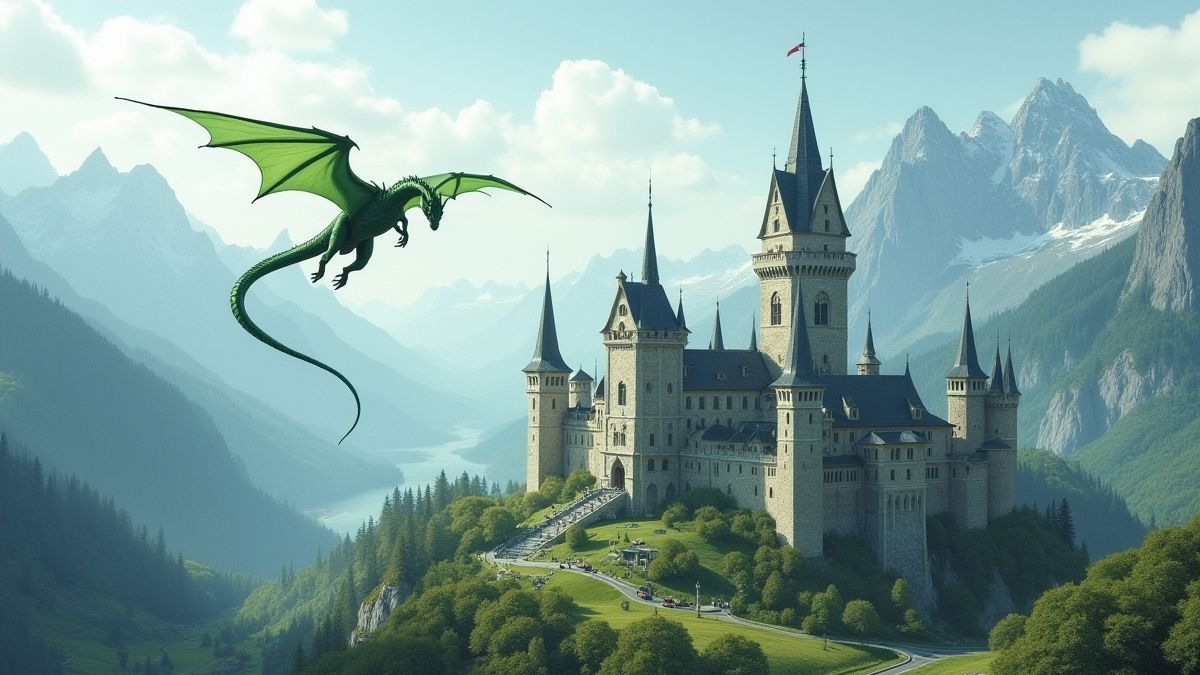 Um castelo medieval rodeado de montanhas com um dragão verde sobrevoando-o.