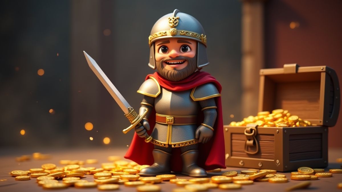 Um cavaleiro medieval animado segurando uma espada perto de um baú do tesouro cercado por moedas de ouro.