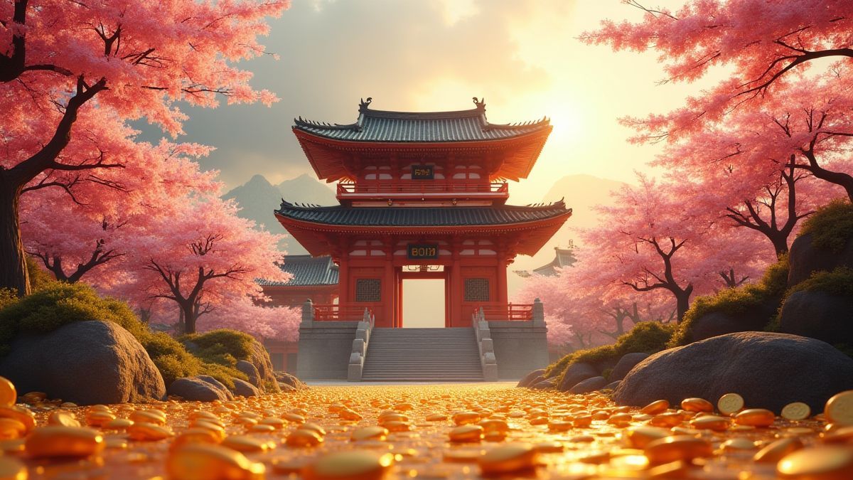 An Asian temple surrounded by golden coins and cherry blossom trees.