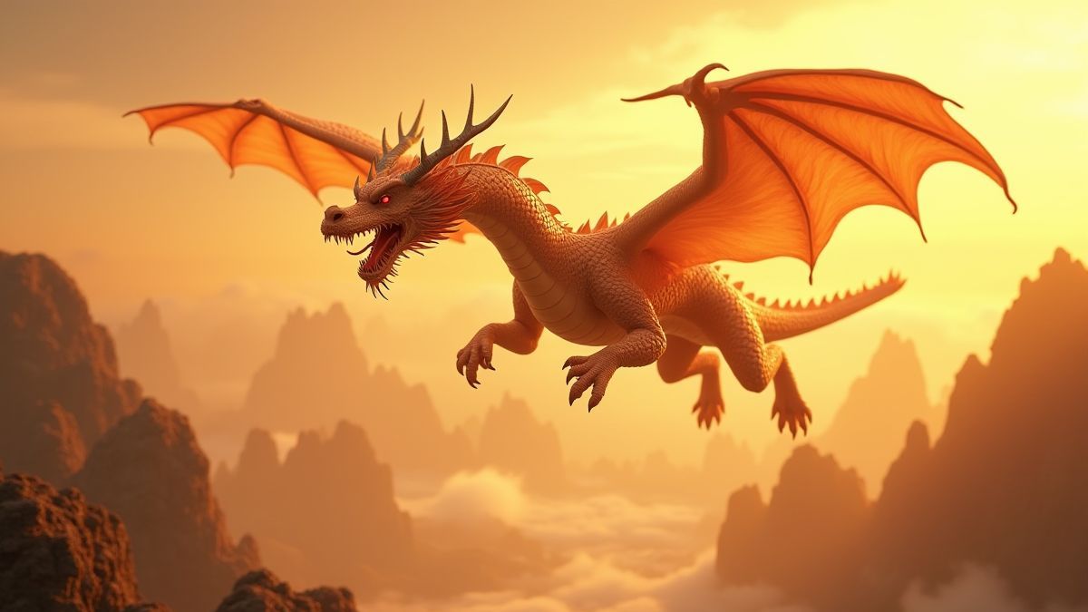 A majestic dragon over a golden Asian landscape.