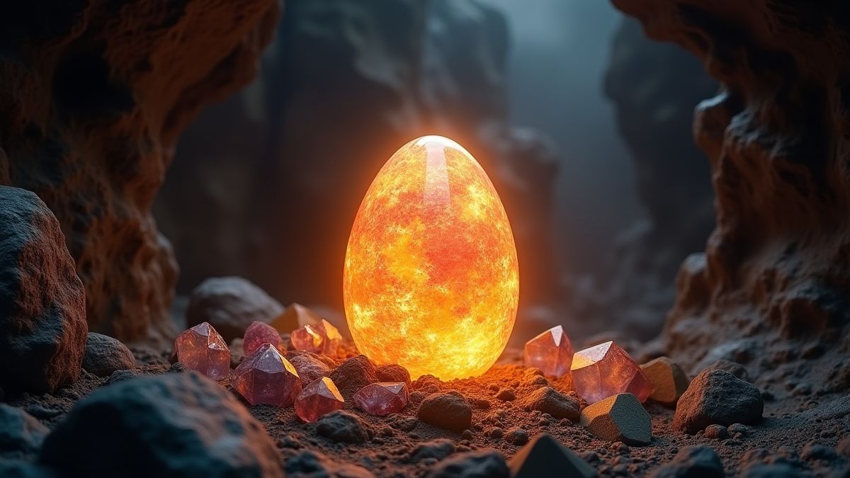 Glowing dragon egg in a magical cave