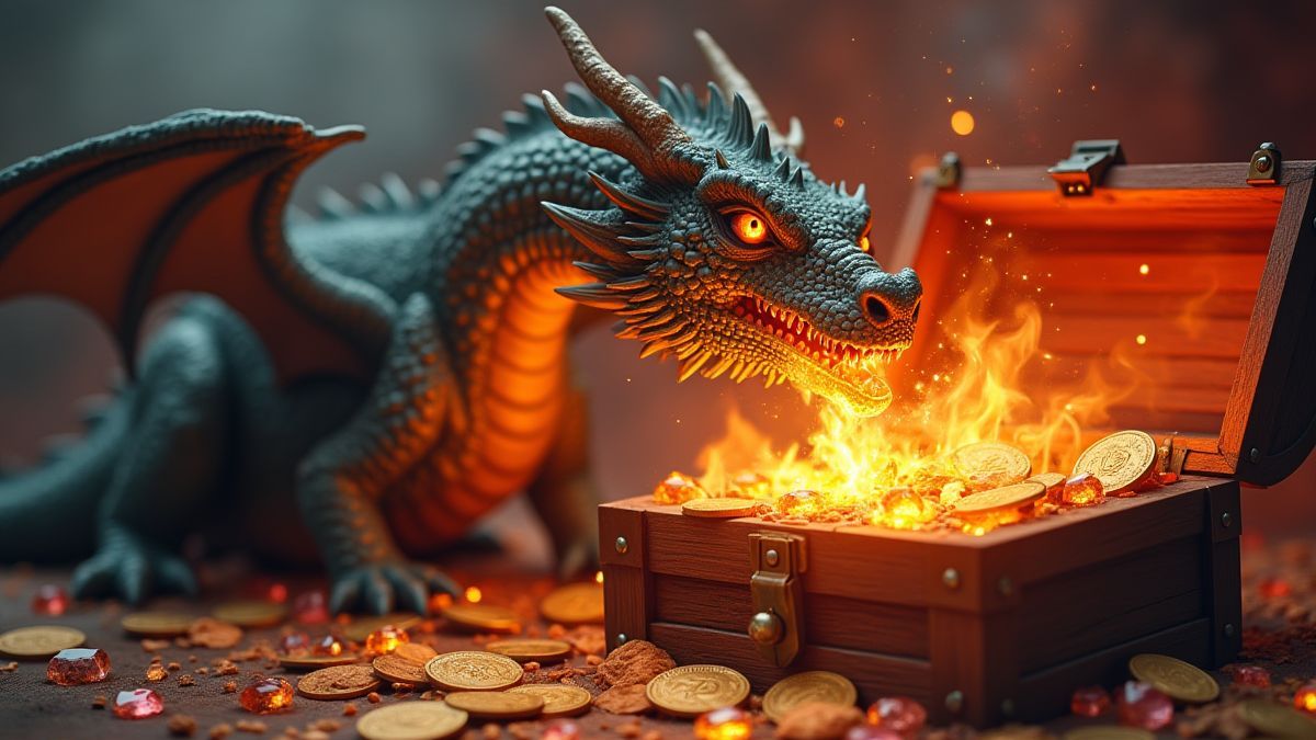 Dragon breathing fire into a treasure chest