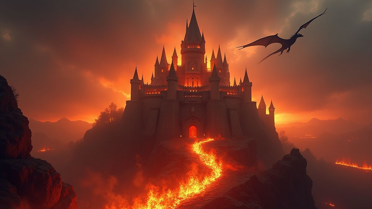 Mittelalterliche Burg umgeben von Feuer und fliegenden Drachen