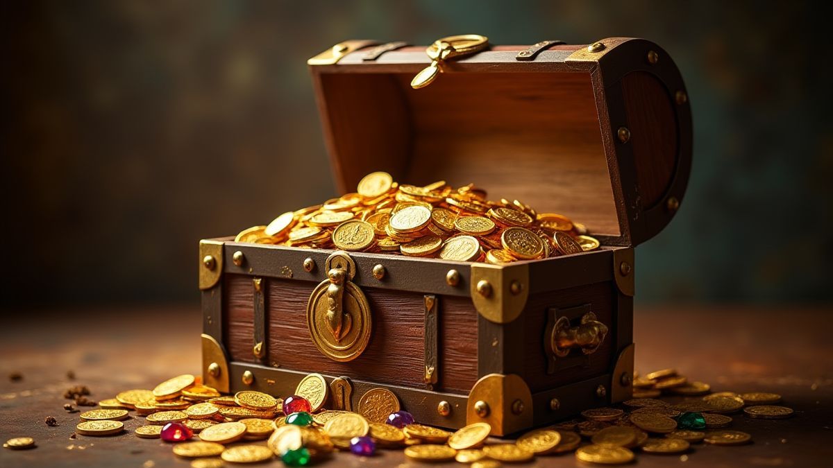 Schatztruhe voller Goldmünzen und Juwelen