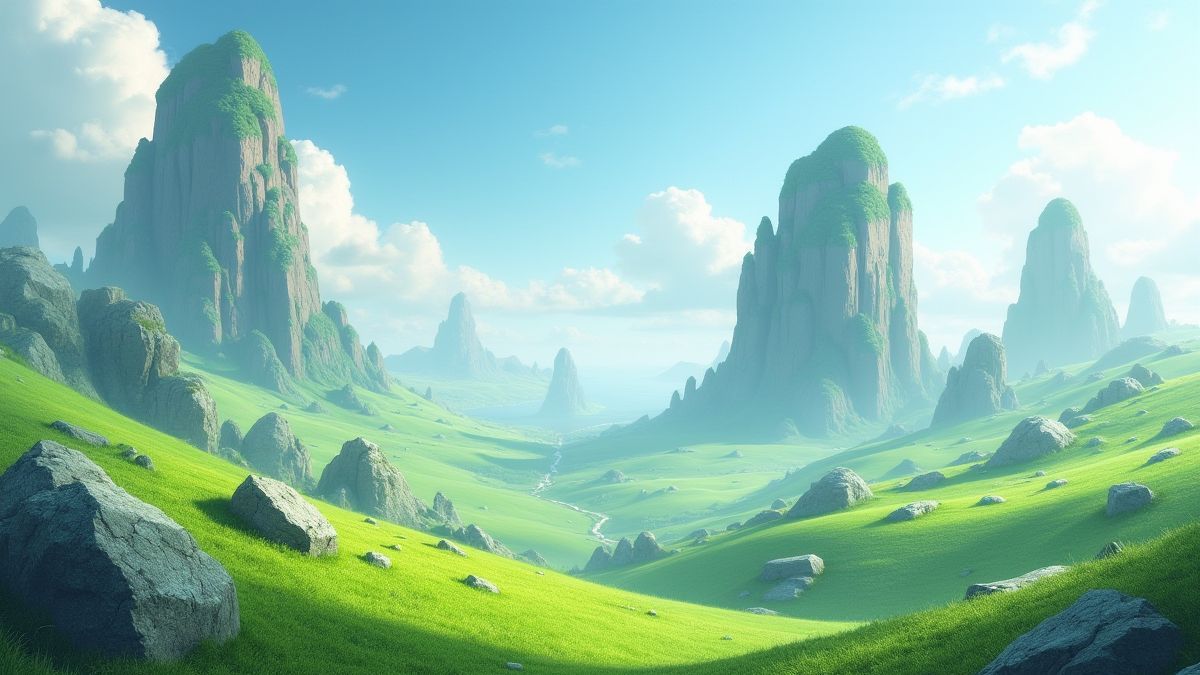 Eine fantastische Landschaft mit schwebenden Felsen und grünen Feldern.