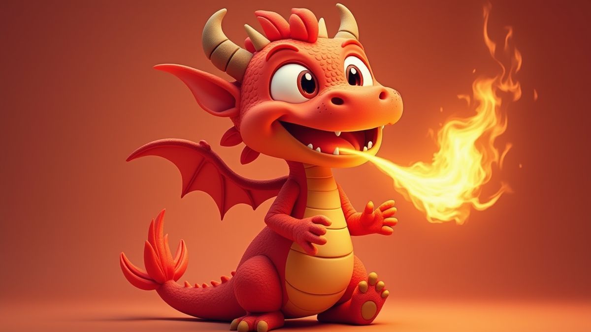 Ein roter Drache, der spielerisch Feuer speit.