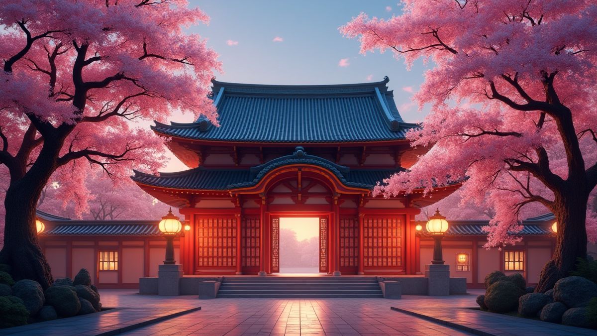 Um templo asiático rodeado de lanternas iluminadas e árvores de cerejeira em flor.