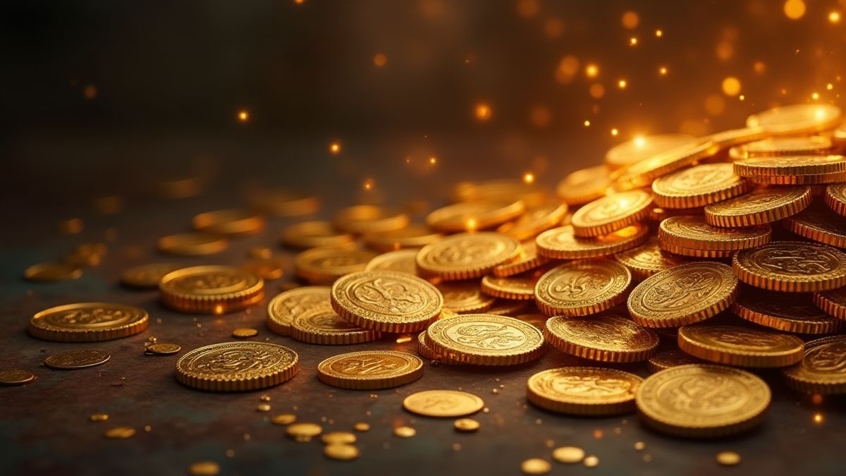 Moedas douradas e escamas de dragão brilhantes sobre um fundo místico.