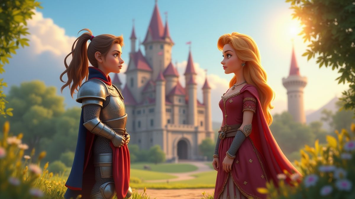 Um cavaleiro e uma dama frente a um castelo medieval.