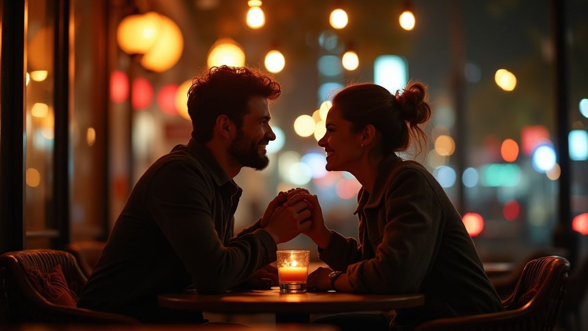 Um casal desfrutando de um encontro moderno em um café urbano.