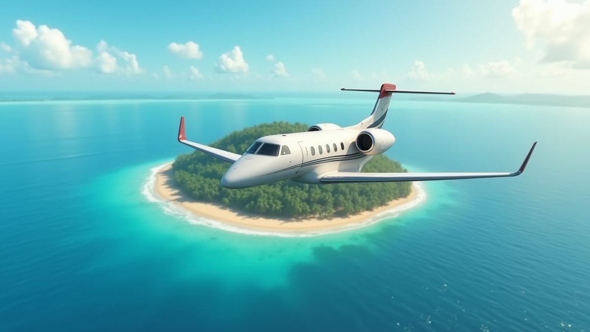 Un jet privé survolant une île tropicale.