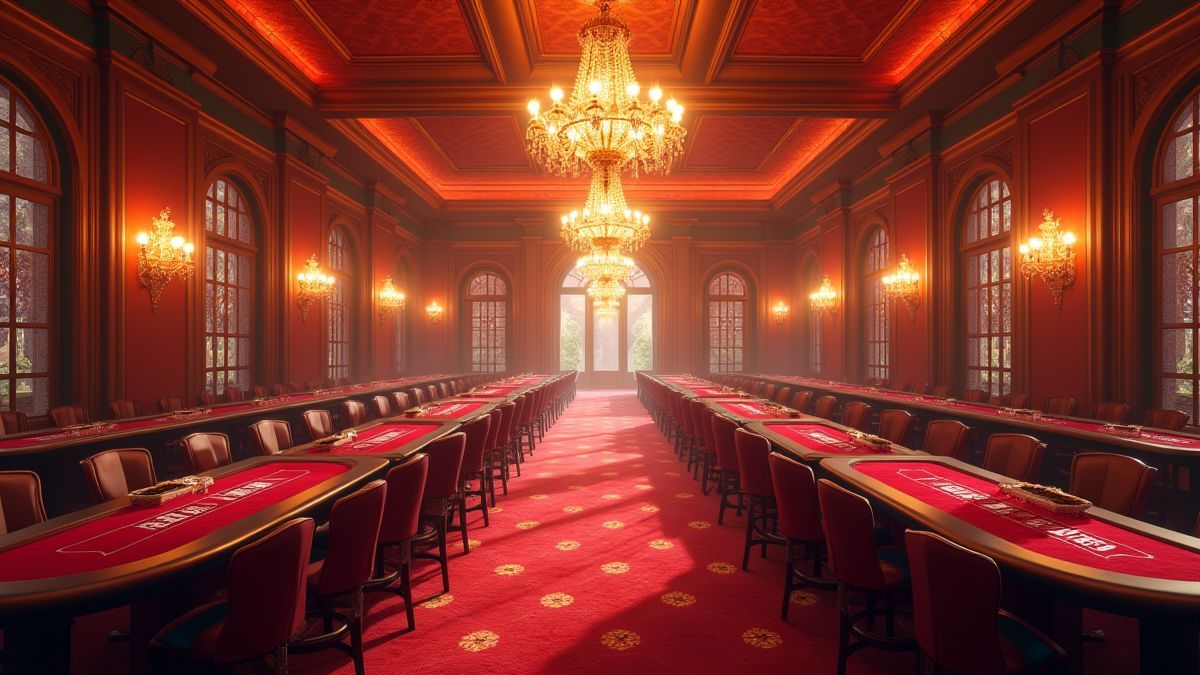 Un casino luxueux avec des candelabres et une décoration extravagante.