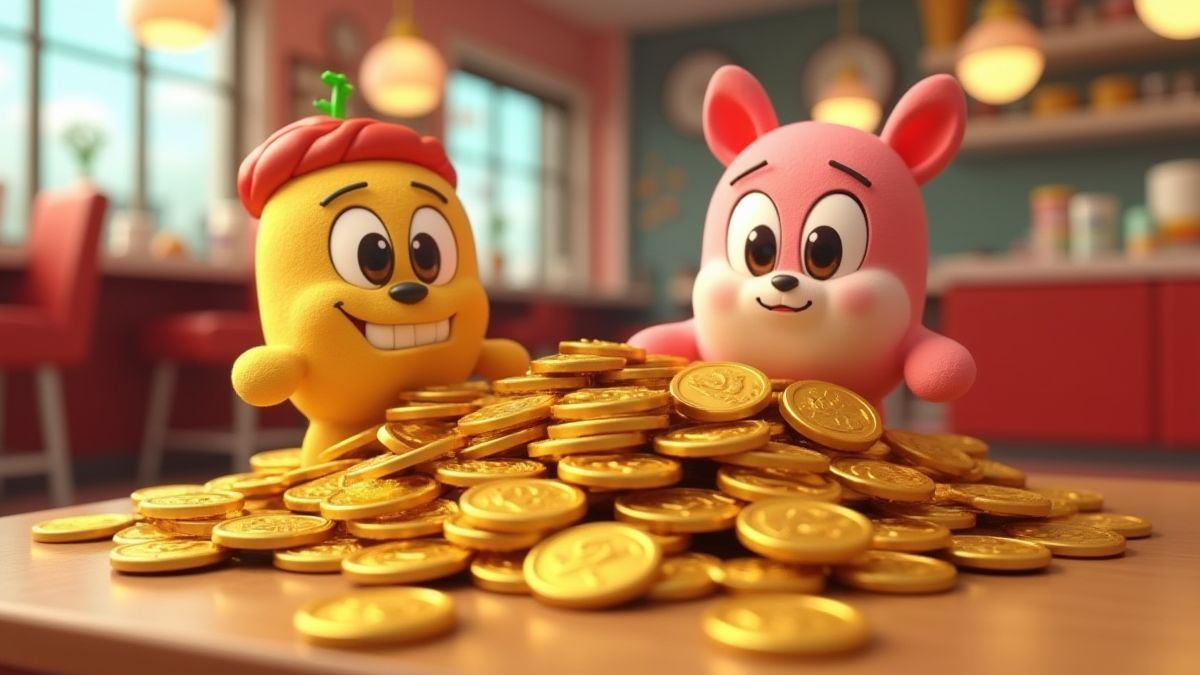 Stapel von Goldmünzen neben animierten Lebensmittelcharakteren in einem retro Diner.