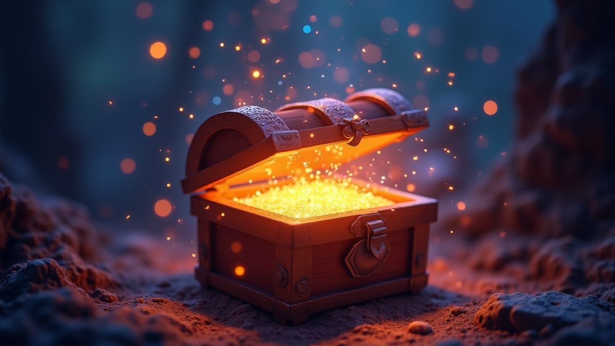 Glanzende schatkist in een dromerige omgeving.