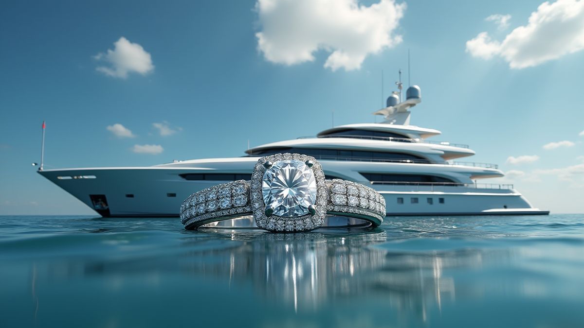 Colar de diamantes sobre um iate de luxo.