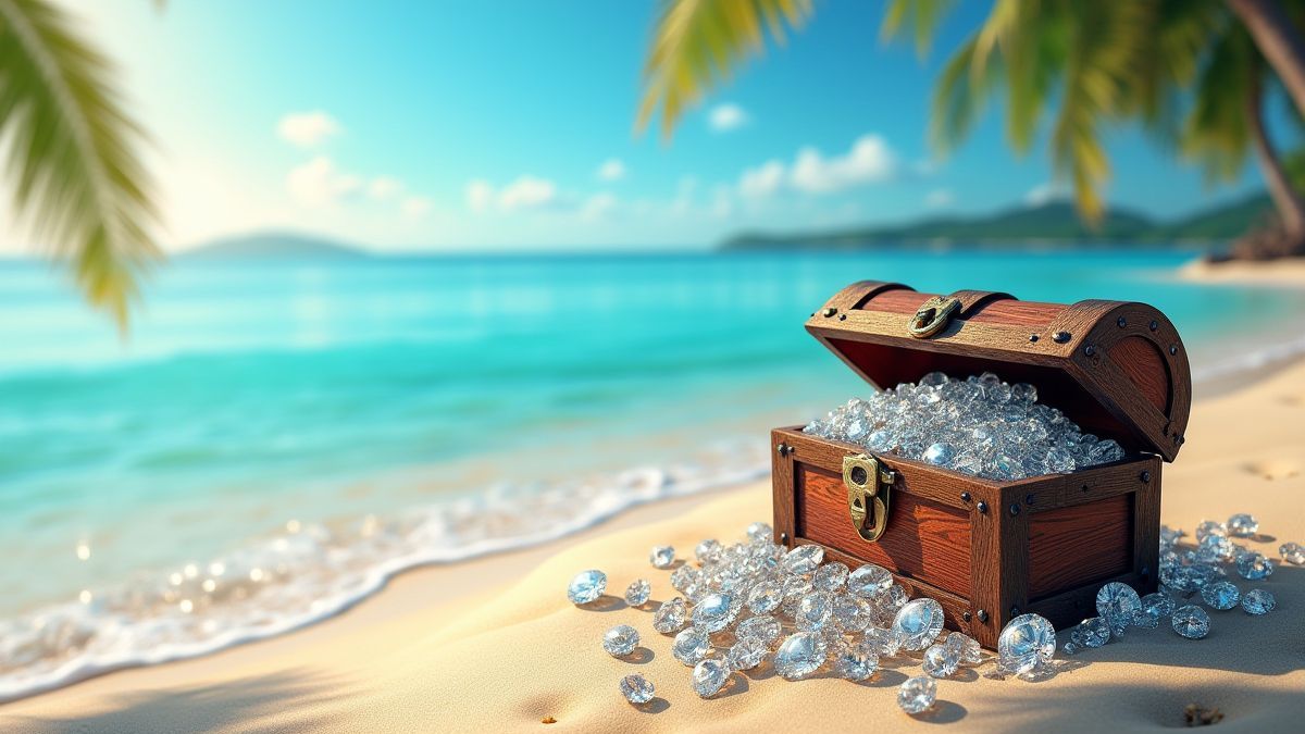 Cofre do tesouro cheio de diamantes em uma praia tropical.