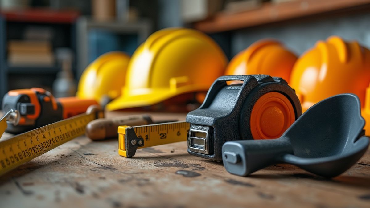 Outils de construction comme des rubans à mesurer, des pelles et des casques sur un banc de travail.