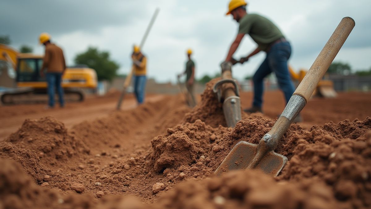 Site de construction avec des travailleurs utilisant des pelles et des outils.
