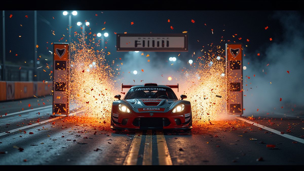 Voiture franchissant la ligne d'arrivée avec des confettis lors d'une course nocturne.