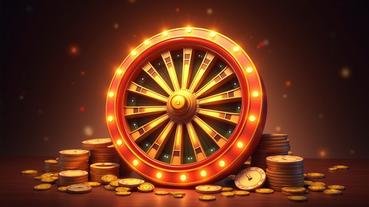 Wheel of fortune surrounded by casino chips and gold coins.