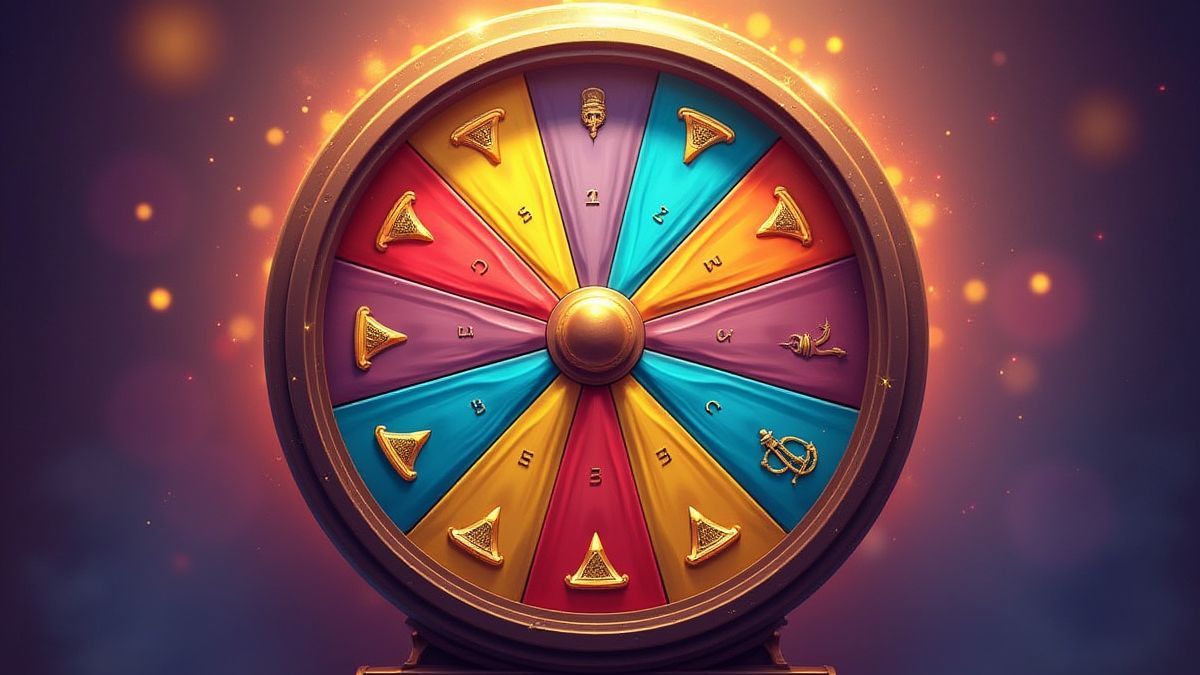Colorful spinning wheel with different prize sections.