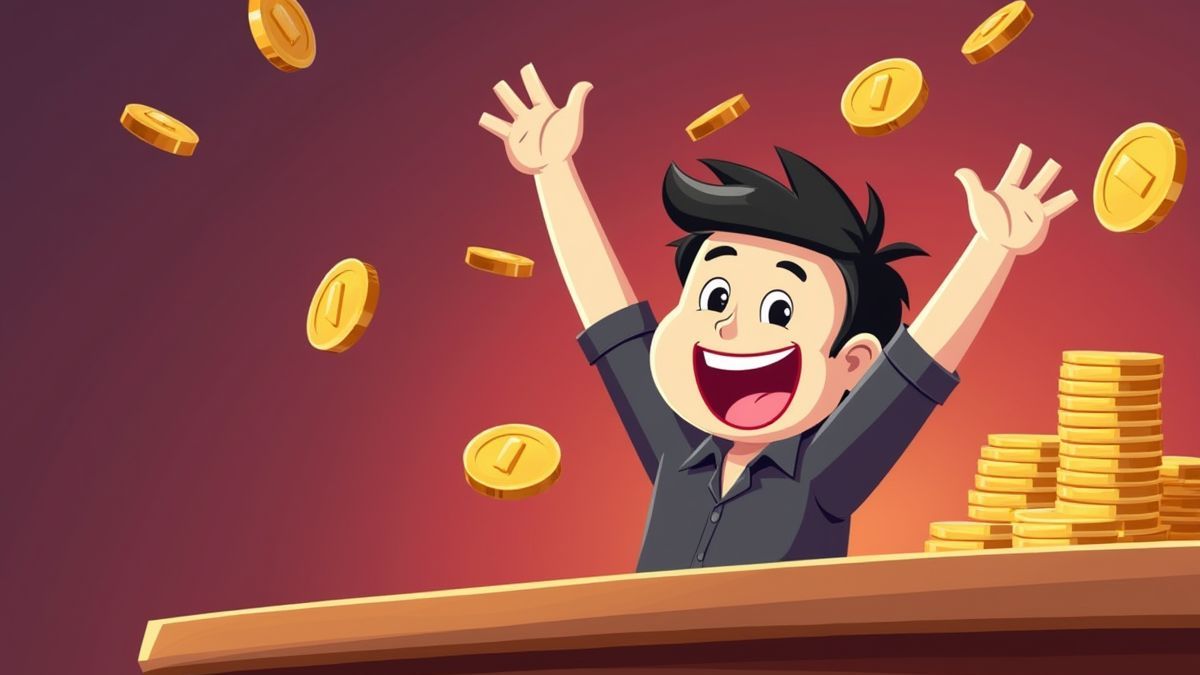 Animated character celebrating in a casino with coins flying.