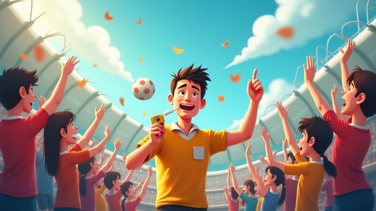 Escena animada de un partido deportivo con fans animando y un árbitro pitando.