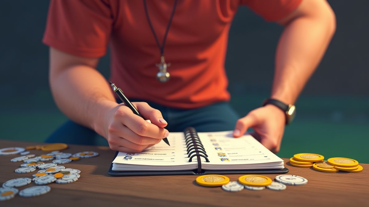 Fanático deportivo con un cuaderno de estrategia y monedas sobre una mesa.