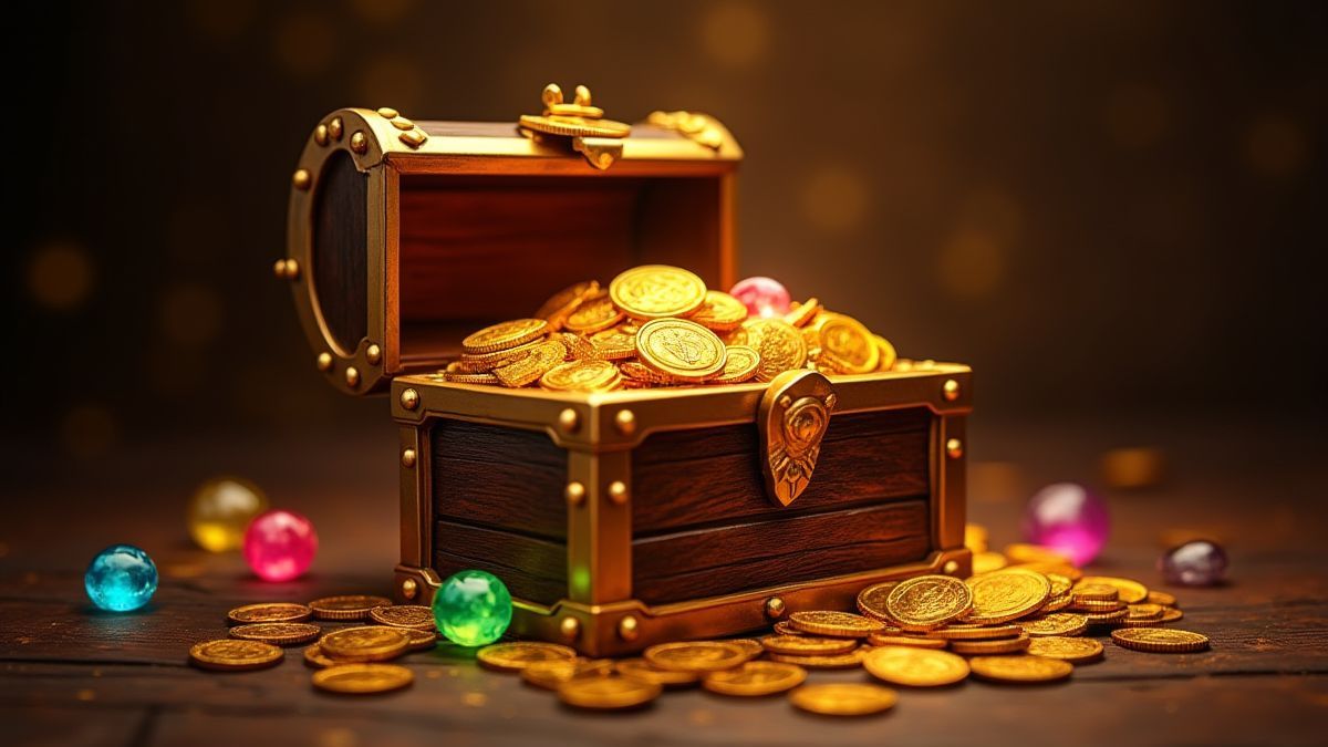 A treasure chest filled with gold coins and sparkling gems.