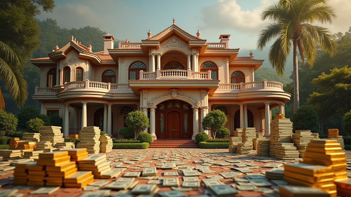 A luxurious mansion surrounded by bills and gold bars.