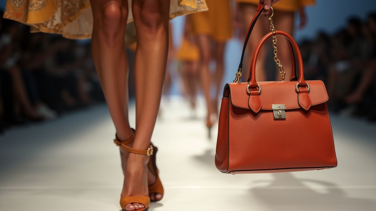 A luxurious handbag and high heels on a fashion runway.