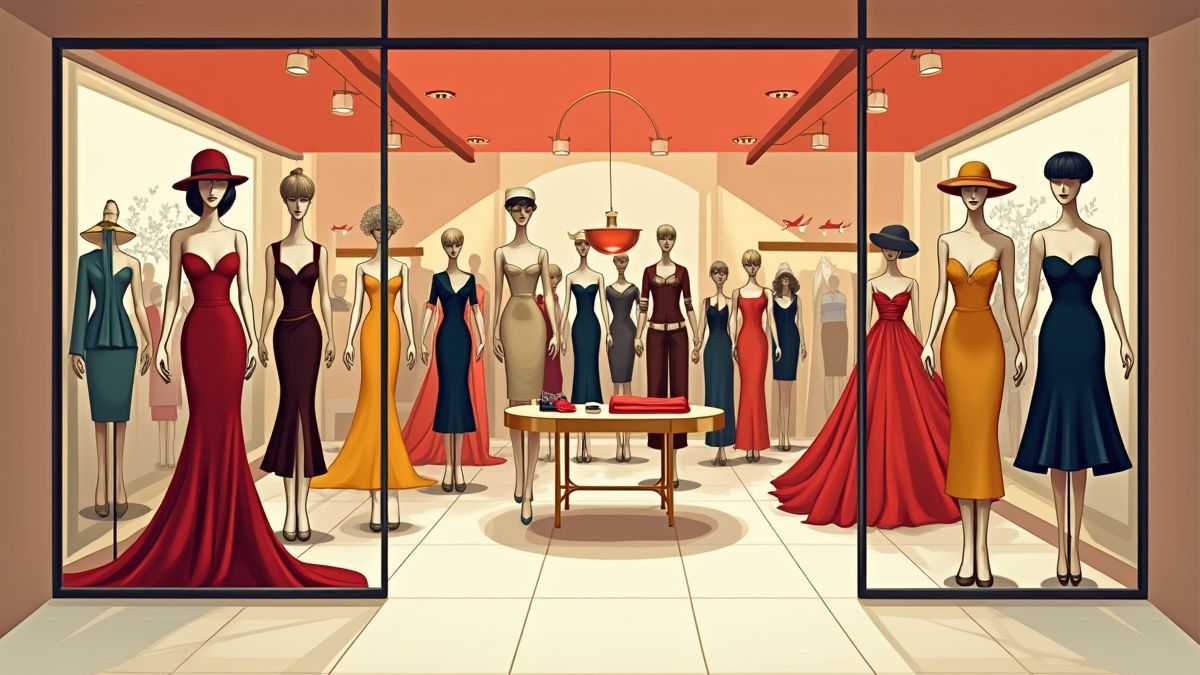 A retro fashion boutique with elegantly dressed mannequins.