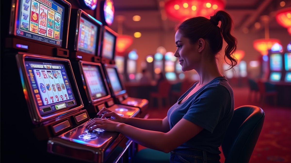 A player enjoying a slot machine in a glamorous casino.