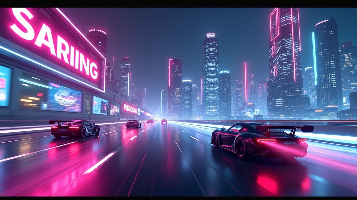 Ville futuriste illuminée avec des voitures de course.