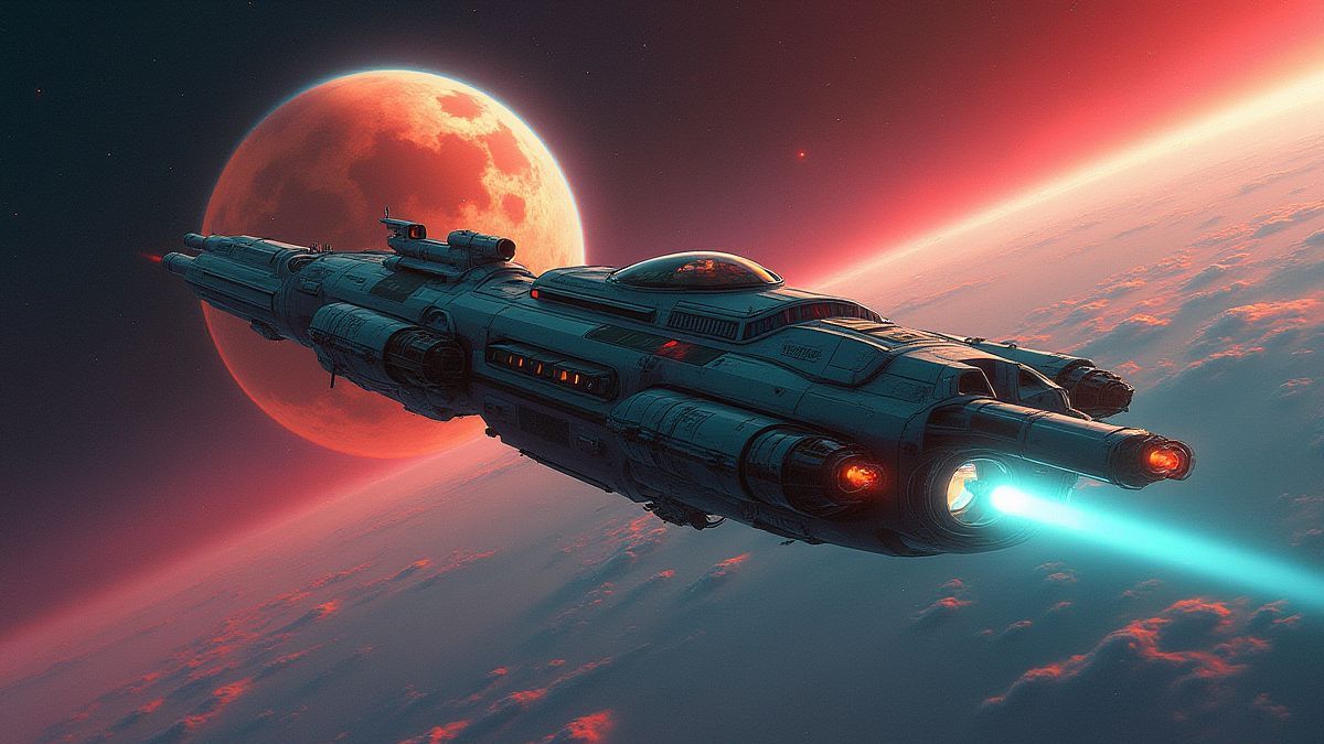Ein retro-futuristisches Raumschiff, das einen Planeten mit lebendigen Farben umkreist.