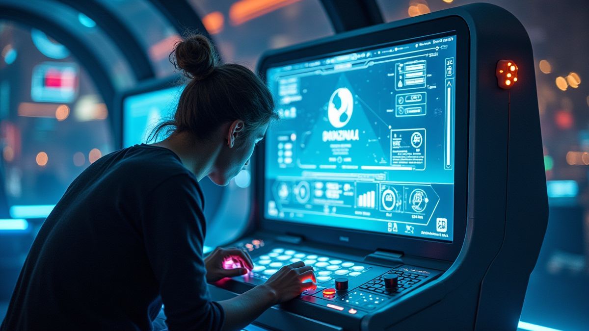 Ein Spieler, der mit einer futuristischen Spielkonsole in einer weltraumthematischen Umgebung interagiert.