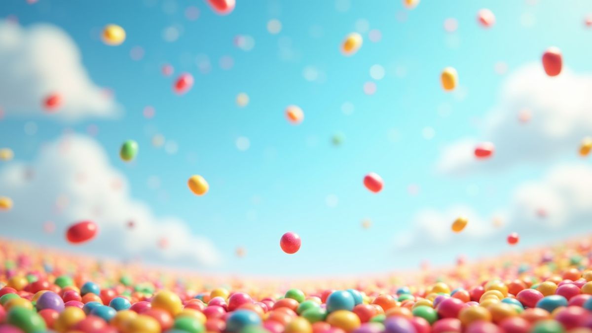 Kleurrijke snoepjes die uit de lucht vallen in een fantasiewereld.