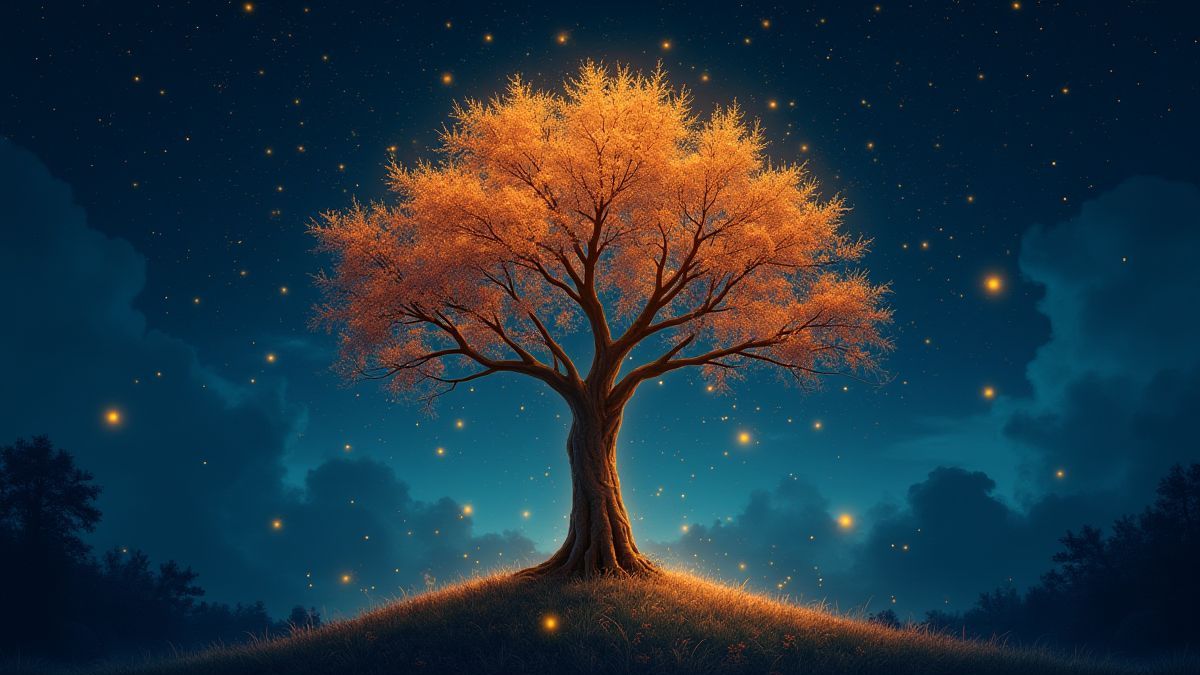 Árbol mágico brillante rodeado de luciérnagas por la noche.
